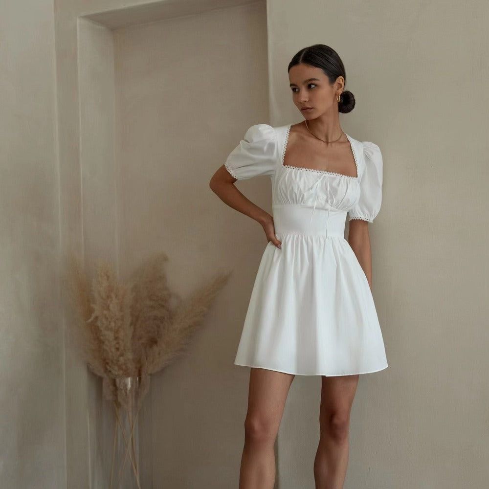Square Neck Scalloped Lace Trim Puff Sleeve Drawstring Bust Empire Waist Mini Dress