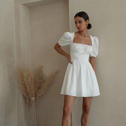 Square Neck Scalloped Lace Trim Puff Sleeve Drawstring Bust Empire Waist Mini Dress