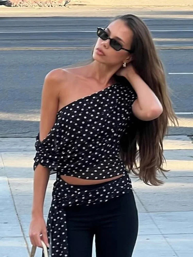 Black Polka Dot Sexy Asymmetric Blouse Women Sheer Mesh One Shoulder Draped Crop Top Women's Date Night Party Club Top