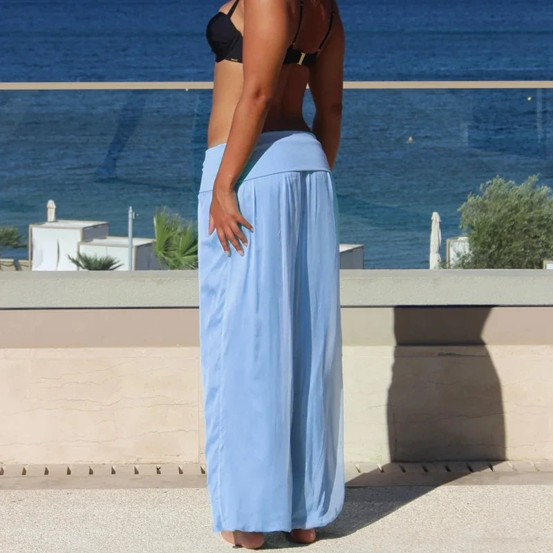 Womens Wide Leg Long Pants Elastic High Rise Fold Over Waist Trousers Loose Fit Casual Palazzo Pants Street Beachwear