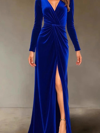 Velvet Dress for Women Autumn Winter New V-neck Slim Twist High Waist Evening Dress Sexy Solid Color Pleated A-line Dresses