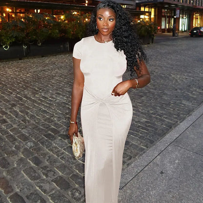 Twist Front Knot Crew Neck Short Sleeve Ruched Bodycon Maxi Dress