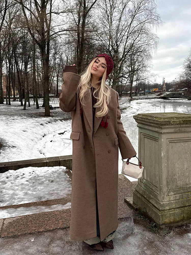 Elegant Solid Double Breasted Long Coat Women Chic Casual Loose Lapel Pad Shoulder Tweed Coats Lady Winter Retro Street Outwear