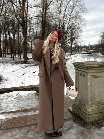 Elegant Solid Double Breasted Long Coat Women Chic Casual Loose Lapel Pad Shoulder Tweed Coats Lady Winter Retro Street Outwear