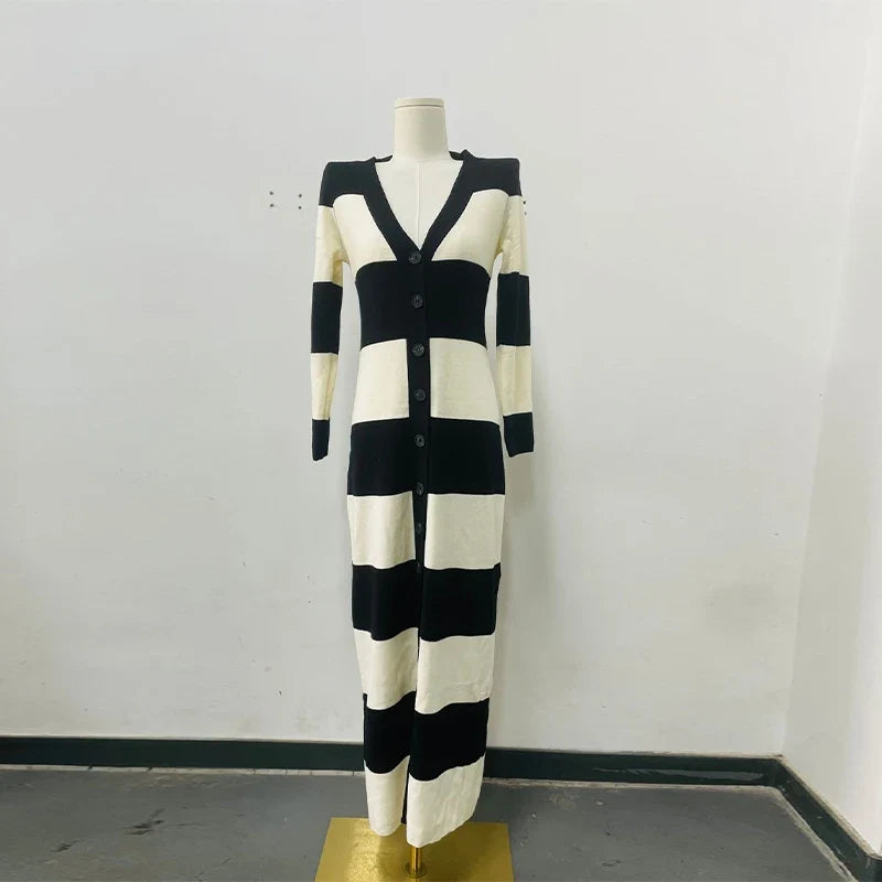 Elegant Striped Knit Cardigan Dress Women Outfit Long Sleeve Button Jacket Tube Sleeveless Dresses Spring Autumn Lady Set
