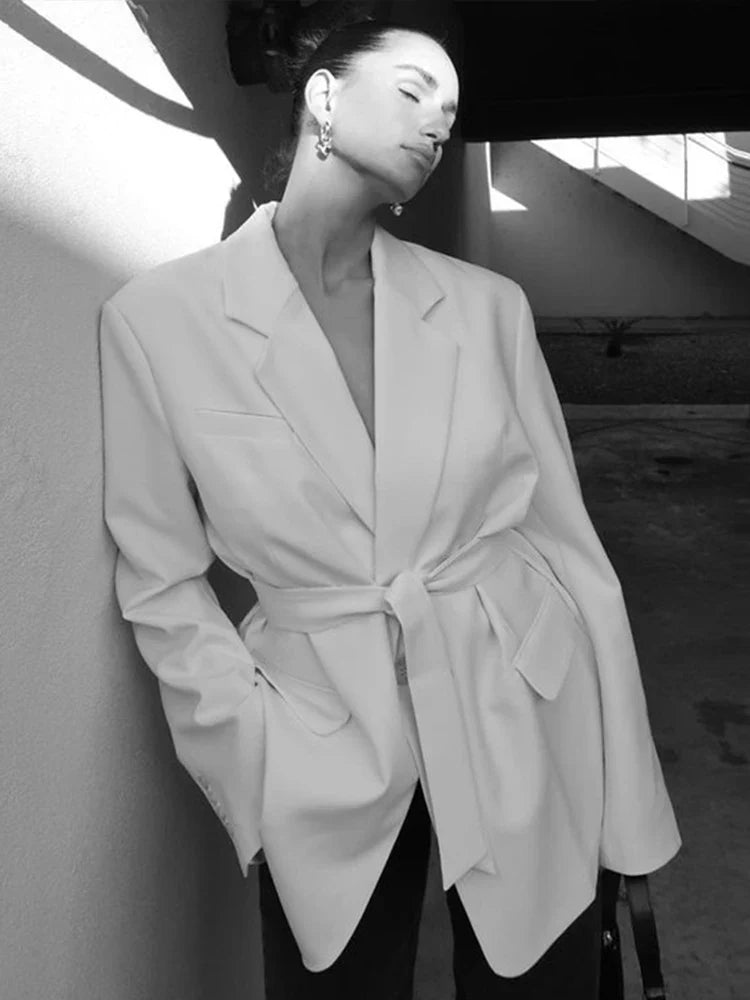 Women's Loose Waist Cinching Belt Full Sleeve Jacket Female Tailored Coat 2025 Chic Retro Elegant Lapel Suit Jackets Streetwear