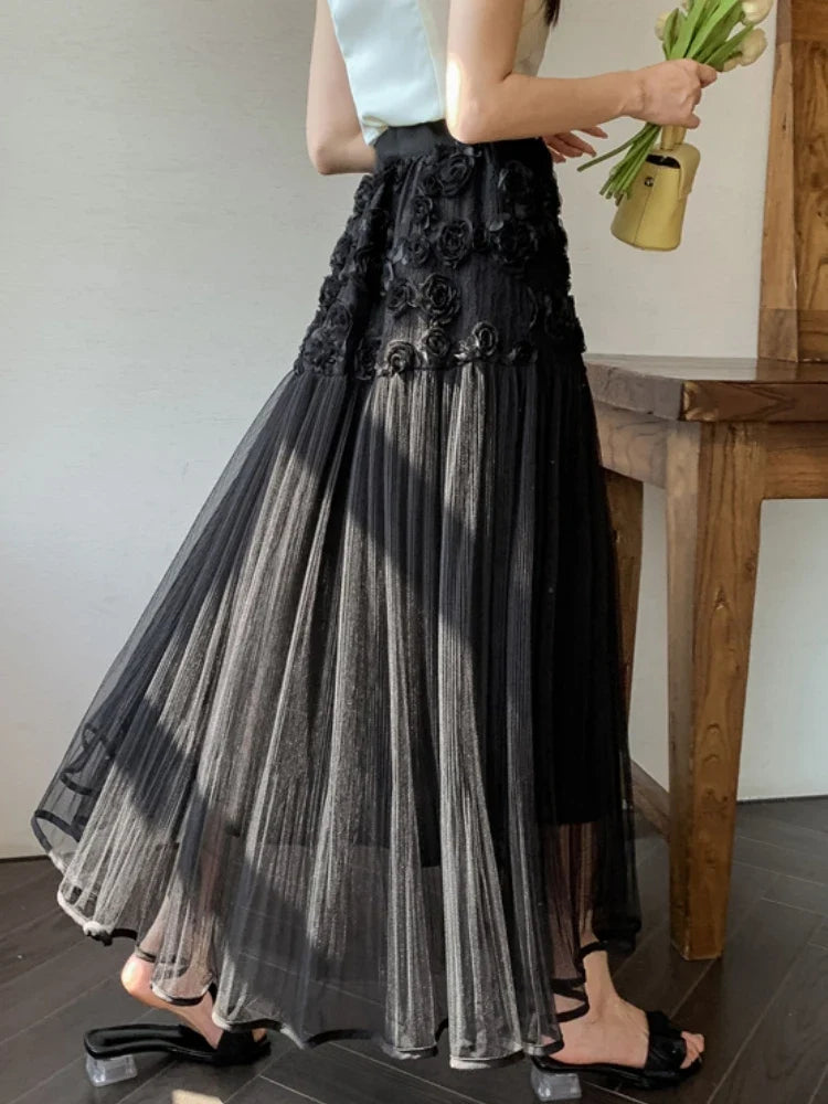 Midi Long Skirt Women Mesh Skirt 2024 Goth Sweet Spring Summer High Waisted A-Line Solid Floral Pleated Skirts rok
