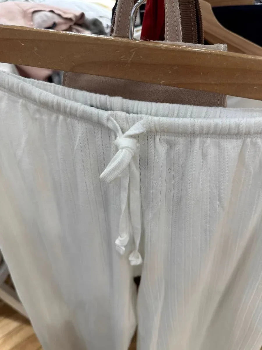 Vintage Eyelet Drawstring Straight Long Pants Women Autumn High Waist Cotton Solid Trousers Simple Sweet Home Pajama Pants Y2K