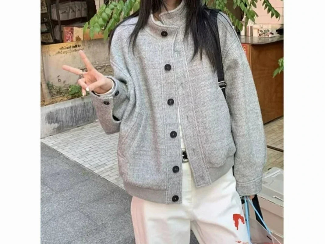 Retro Stand Up Collar Jacket for Female Students in Autumn New Loose and Versatile Casual Style