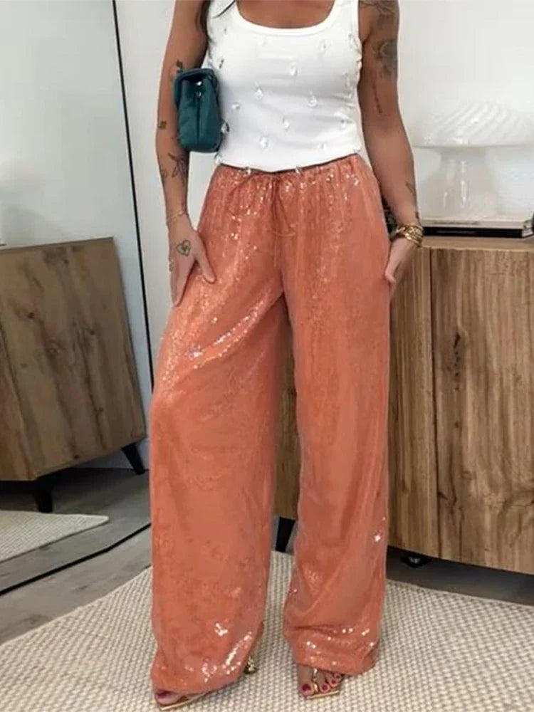 Loose Solid Color Sequin Pants Woman Cinched Waist Glitter Straight Baggy Long Pants Casual Street Chic Sparkle Women's Trousers