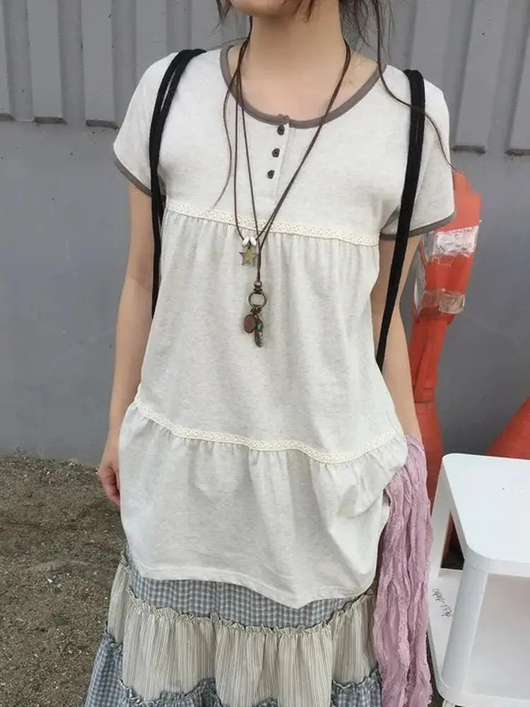 Japanese Summer Retro Lace Splicing Color Versatile Round Neck Short Sleeve Tee