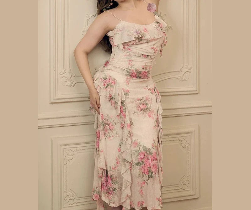 Spring New Women's Clothing Temperament Ruffle Edge Floral Suspender Skirt Design Waist Irregular Dress