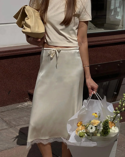 Fashion Satin Lace Patchwork Drawstring Short Skirt Feminine Elegant Slim Fit Midi Skirt Female Summer Streetwear