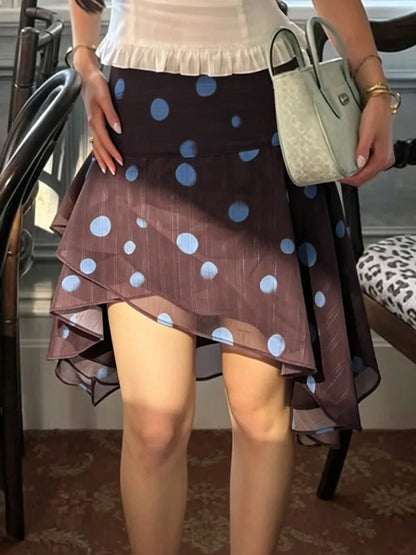 Asymmetrical Polka Dot Chiffon Mini Skirt Low-waist Irregular Pleated Short Skirt Fashion Elegant Beachwear Summer Outfit