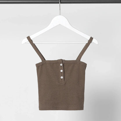 Vintage Brown Slim Cotton Tops Summer Ruffle Trim Sexy Square Collar Y2k Camis Blouses Women Sweet Cute Slim Crop Top Chic