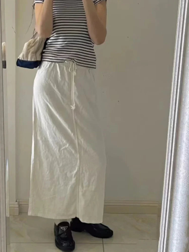 Casual Women Beige Skirts Summer Sweet High Waist Drawstring Skirts Solid Color Female Chic Bottoms