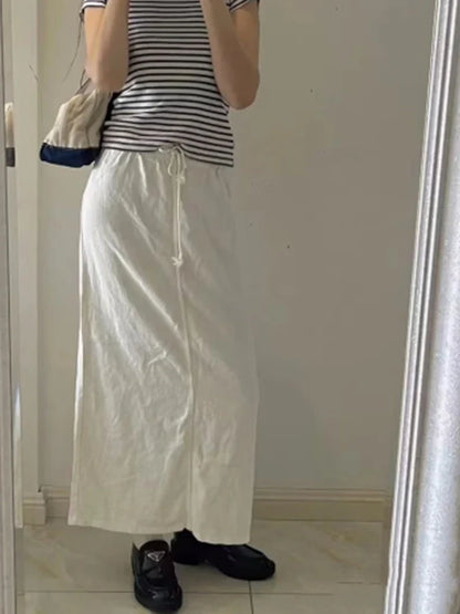 Casual Women Beige Skirts Summer Sweet High Waist Drawstring Skirts Solid Color Female Chic Bottoms
