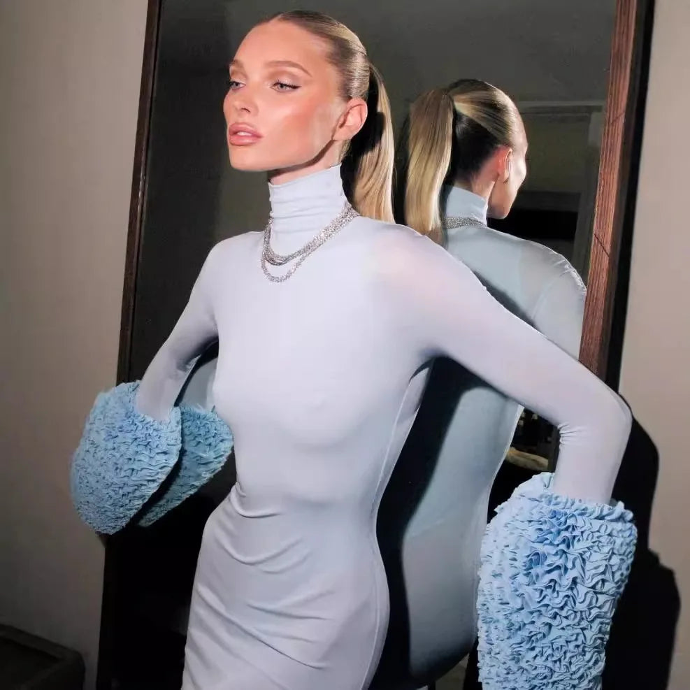 Mock Neck Ruffle Cuff Long Sleeve Bodycon Maxi Dress