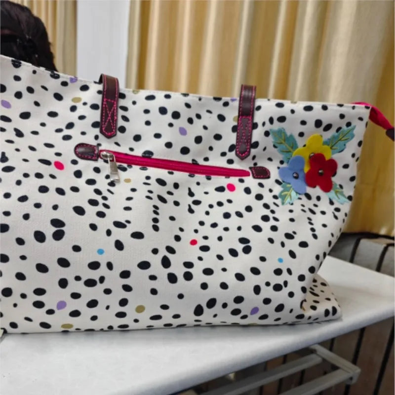 Japanese Retro Polka Dot Floral Tote Bag Women Print Large Capacity Shoulder Bag Ladies Harajuku Everyday Versatile Handbag Chic