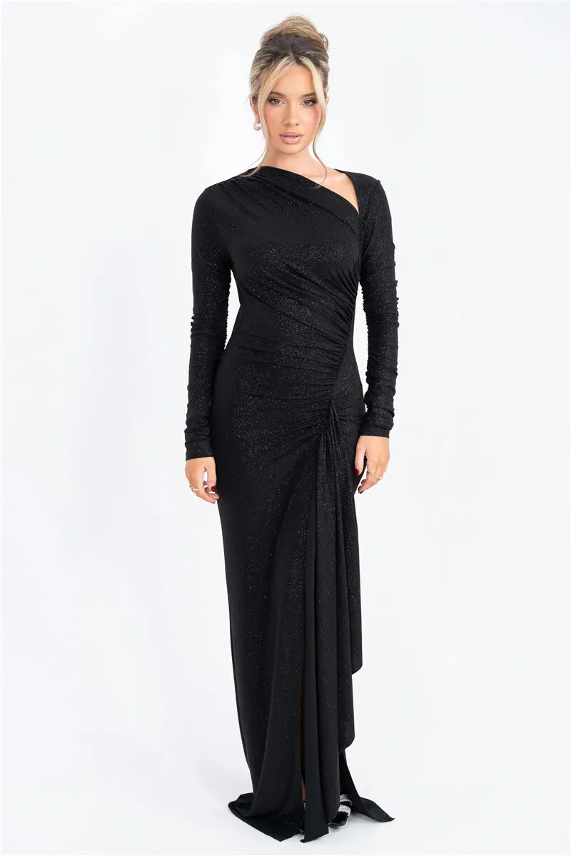 Asymmetric Neck Shimmer Ruched Draped Panel Maxi Gown