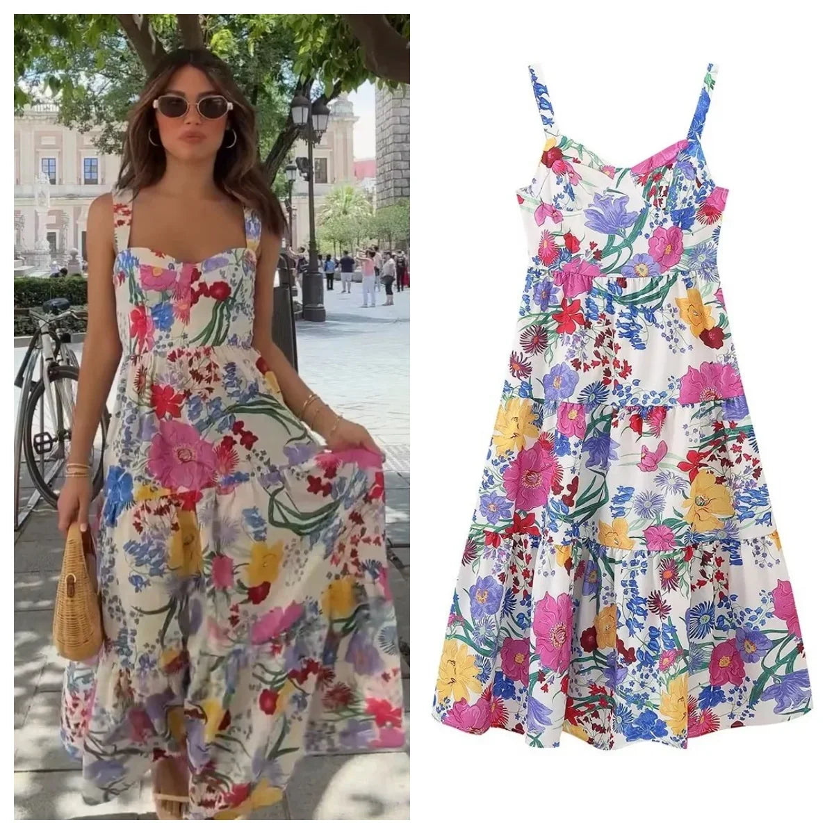 Women's Summer New Fashion Simple Four sided Spring Flower Print Waistless Sleeveless Hanging Strap Dress