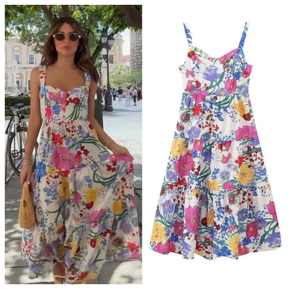 Women's Summer New Fashion Simple Four sided Spring Flower Print Waistless Sleeveless Hanging Strap Dress