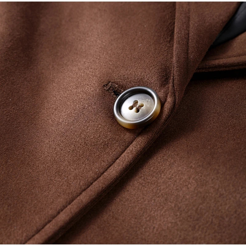 Suit Suede Leather Coat Women Brown Lapel Pocket Single Button Mid Length Jackets 2025 Spring Vintage Fashion Lady Outwear Top
