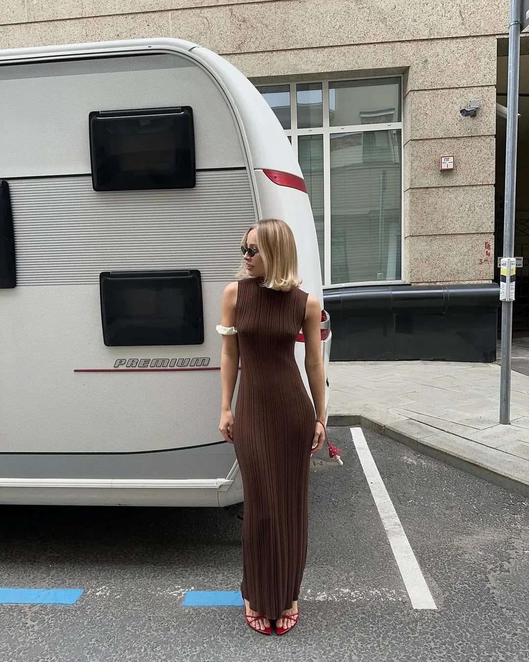 Mock Neck Sleeveless Rib Knit Bodycon Maxi Dress