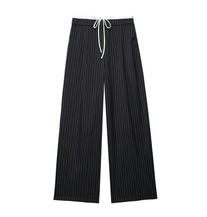 Spring Streetwear Patckwork Black Women Pants High Waist Elastic Wide Leg Long Pants Fashion Summer Bow Tie Trousers