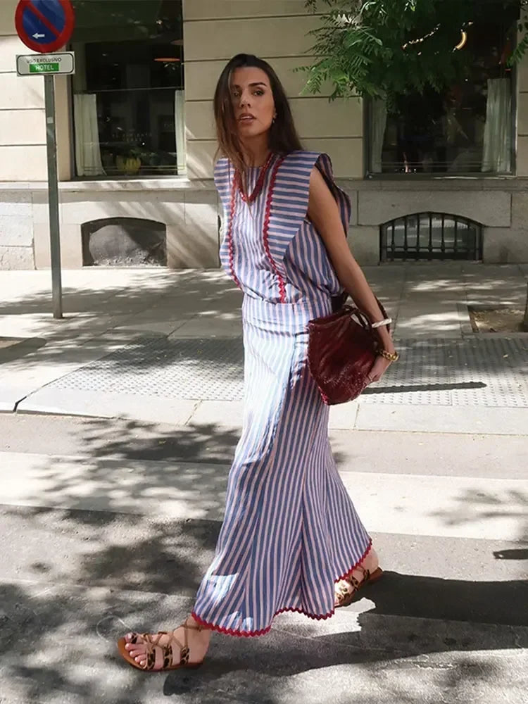 Elegant Printed Striped Flying O Neck Sleeve Tops Set Causal High Waist Long Slim Dresses Suits Summer Female High Street Outfit