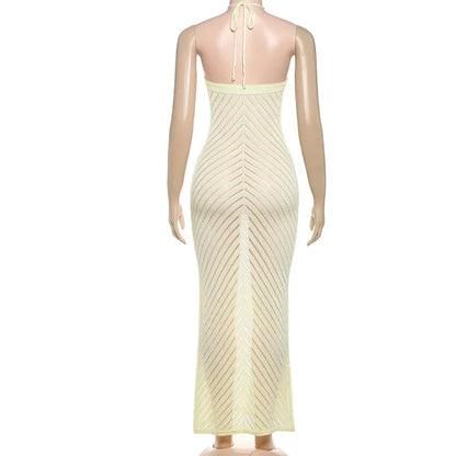Women Solid Hollow Out Knitted Backless Bodycon Halter Maxi Dress Sleeveless Long Robe 2025 Summer Vacation Beach Outfits