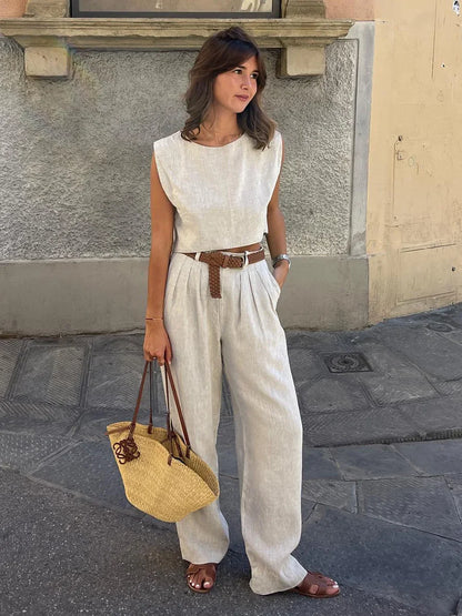 Women's Summer Cotton Linen Vest Pants Set Office Lady Chic Short Vest Casual Trousers Female Loose Long Pants Suits