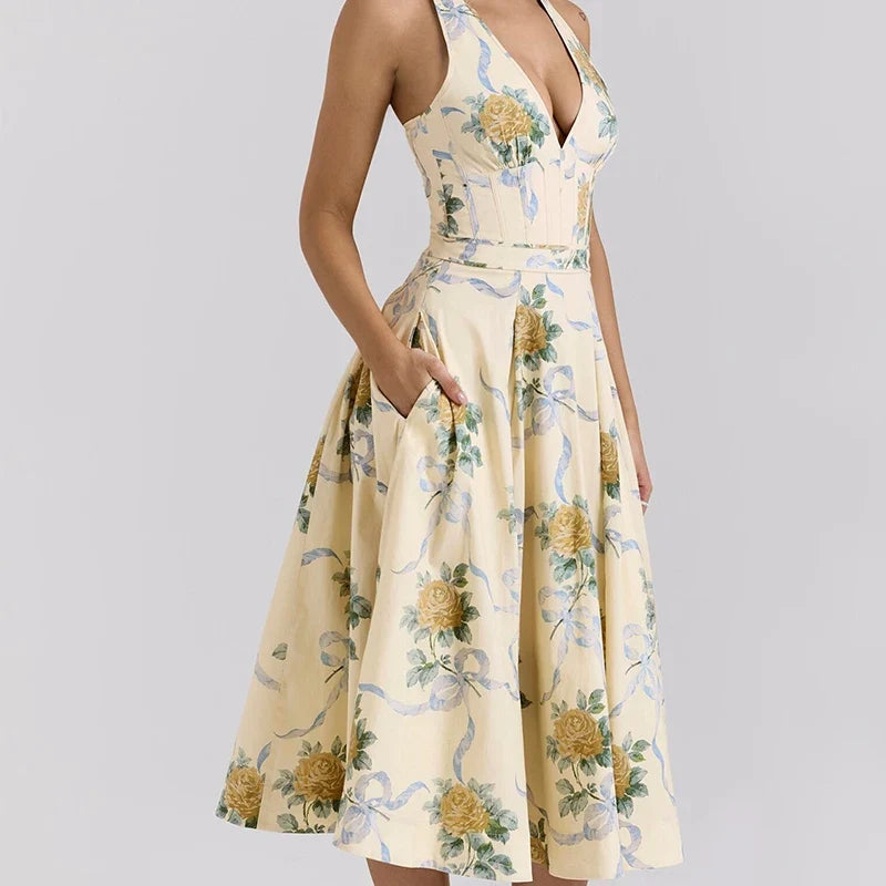 Sexy Deep V Halter Floral Print Dress Women Sleeveless Summer A-line Midi Long Dress Holiday Robe Backless Vestidos