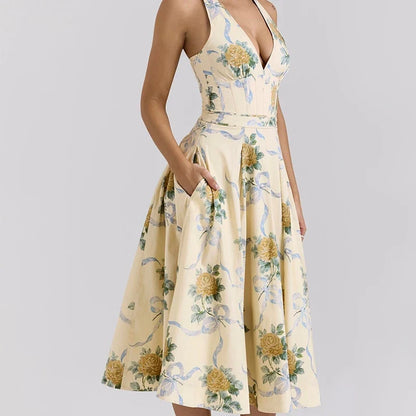 Sexy Deep V Halter Floral Print Dress Women Sleeveless Summer A-line Midi Long Dress Holiday Robe Backless Vestidos