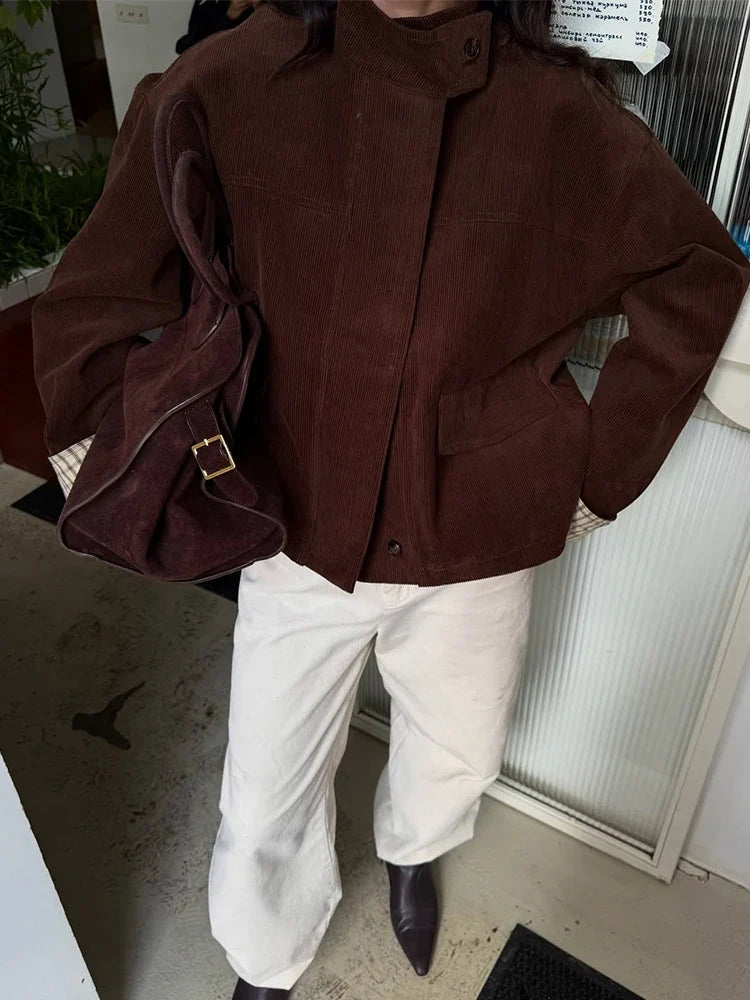 Autumn Chic Plaids Linen Solid Corduroy Coats Elegant Female Stand Collar Zipper Long Sleeves Jacket Fashion Lady Street Outwear