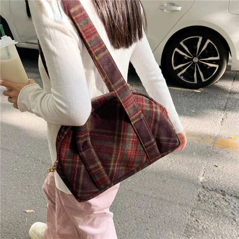 New Vintage Woolen Plaid Tote Bags Casual Handbag Korean All-match Design Fashion Women Shoulder Bag