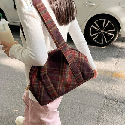 New Vintage Woolen Plaid Tote Bags Casual Handbag Korean All-match Design Fashion Women Shoulder Bag