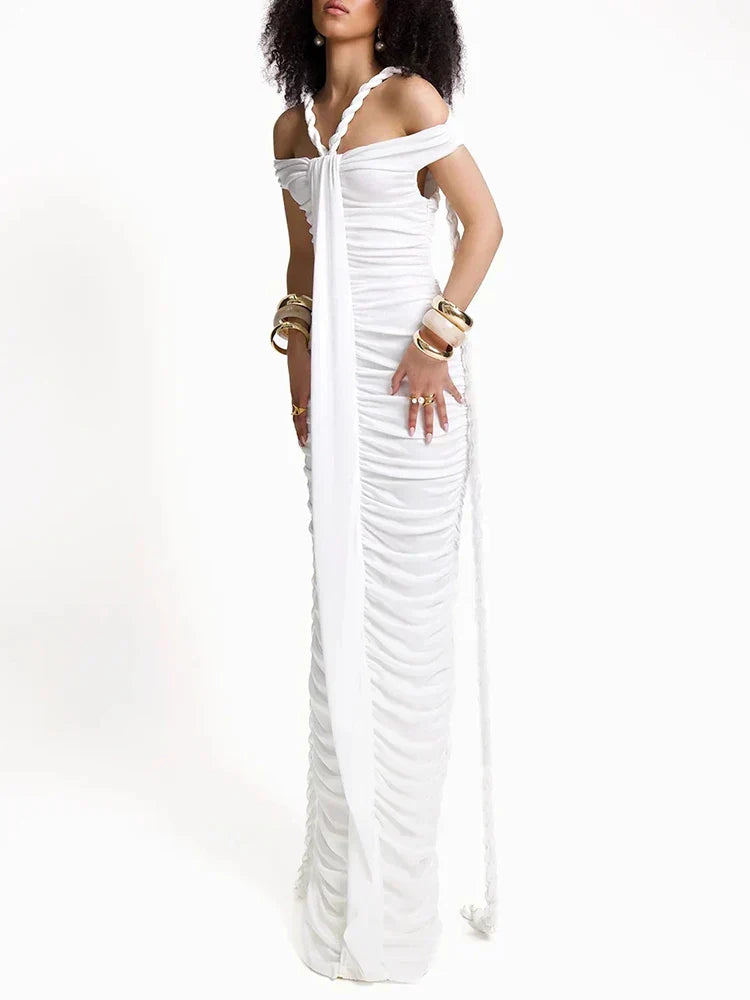 Off Shoulder Braided Halter Ruched Center Panel Maxi Gown
