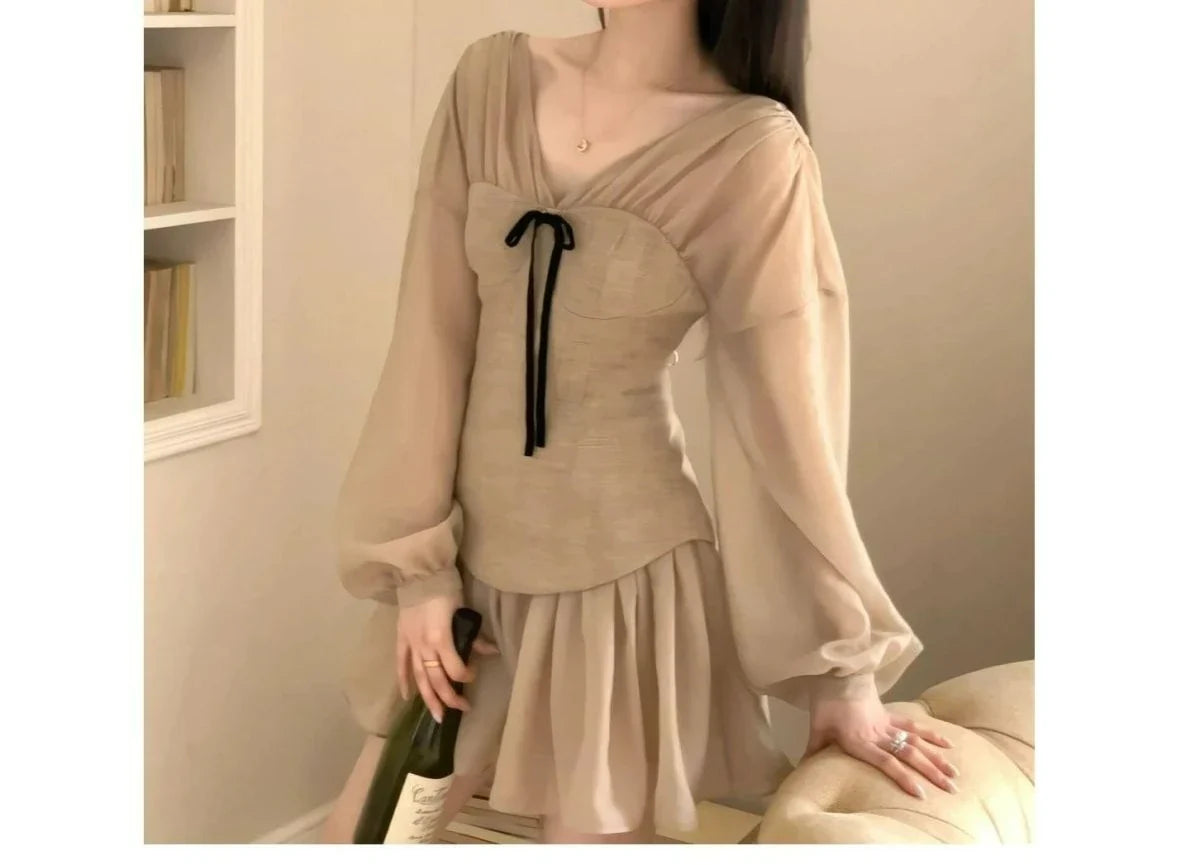 New High-End Elegant V-Neck Waist-Cinching Dress Gentle Style Stunning Slimming A-Line Dress for Women