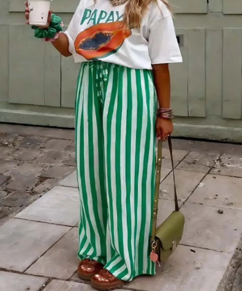 Spring Summer Women's Casual Loose Color Block Striped Print Straight Leg Pants Trousers