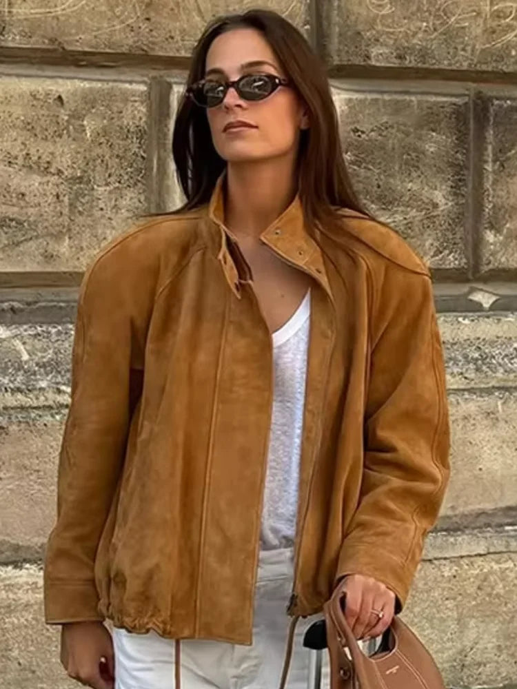 Casual Long Sleeve Stand Collar Female Coats Vintage Suede Zipper Jacket for Women Autumn New Lady Pockets Outerwear Street