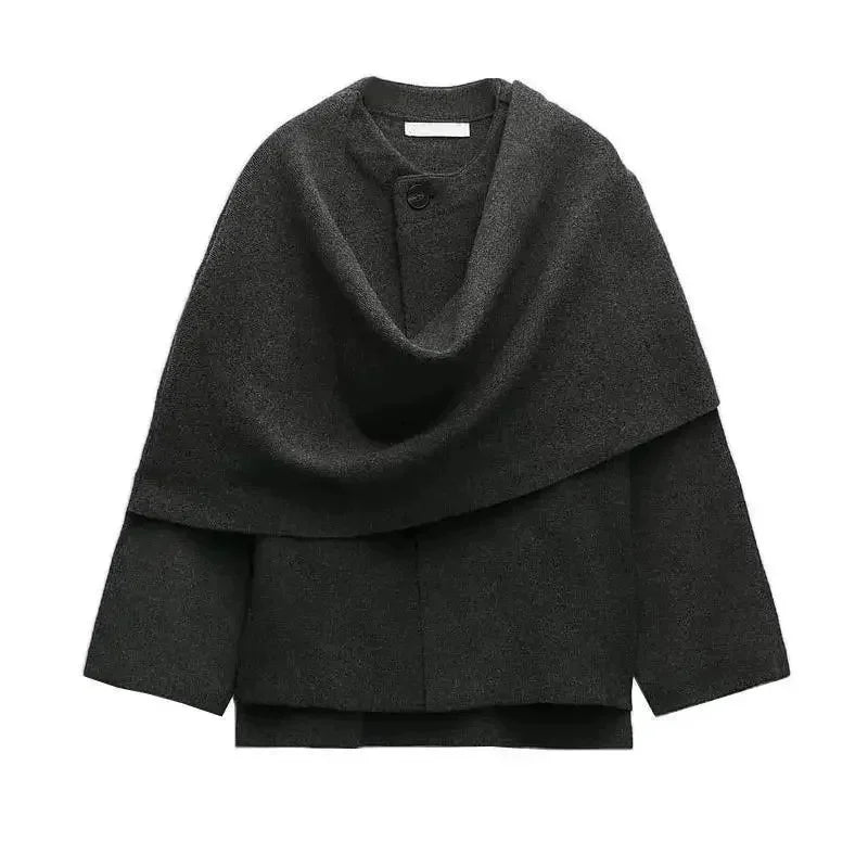 Fashion Asymmetric Scarf Knitted Jacket Women O Neck Single Button Side Slit Solid Loose Coat Winter New Female Chic Outerwear
