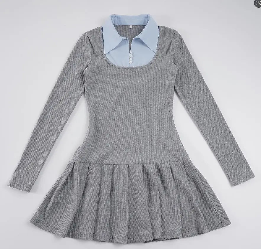 Korean Preppy Style Grey Dress Women's Patchwork Lapel Collar Button Long Sleeve Slim Fake Two-Piece Pleated Mini Dress