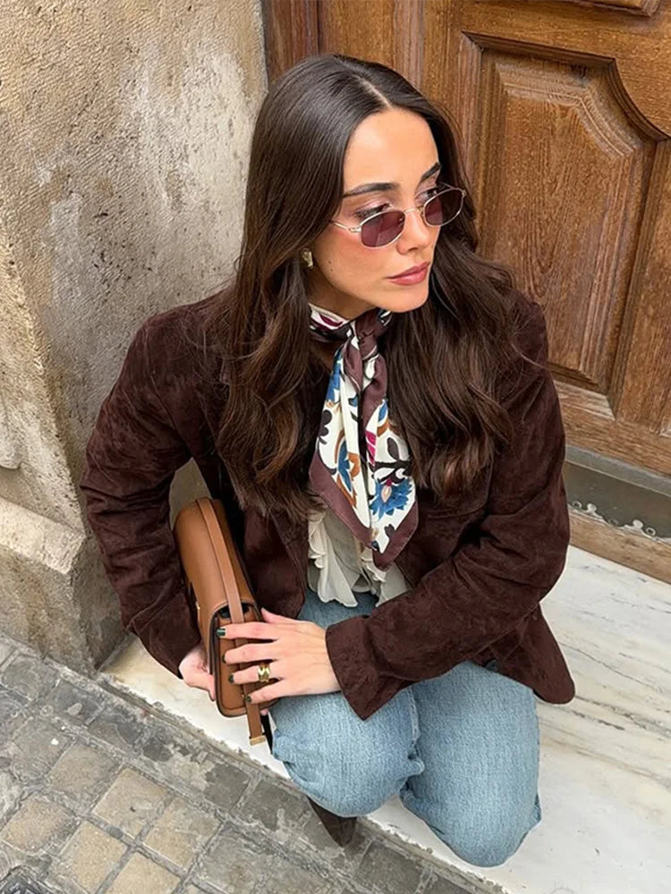 Suit Suede Leather Coat Women Brown Lapel Pocket Single Button Mid Length Jackets 2025 Spring Vintage Fashion Lady Outwear Top