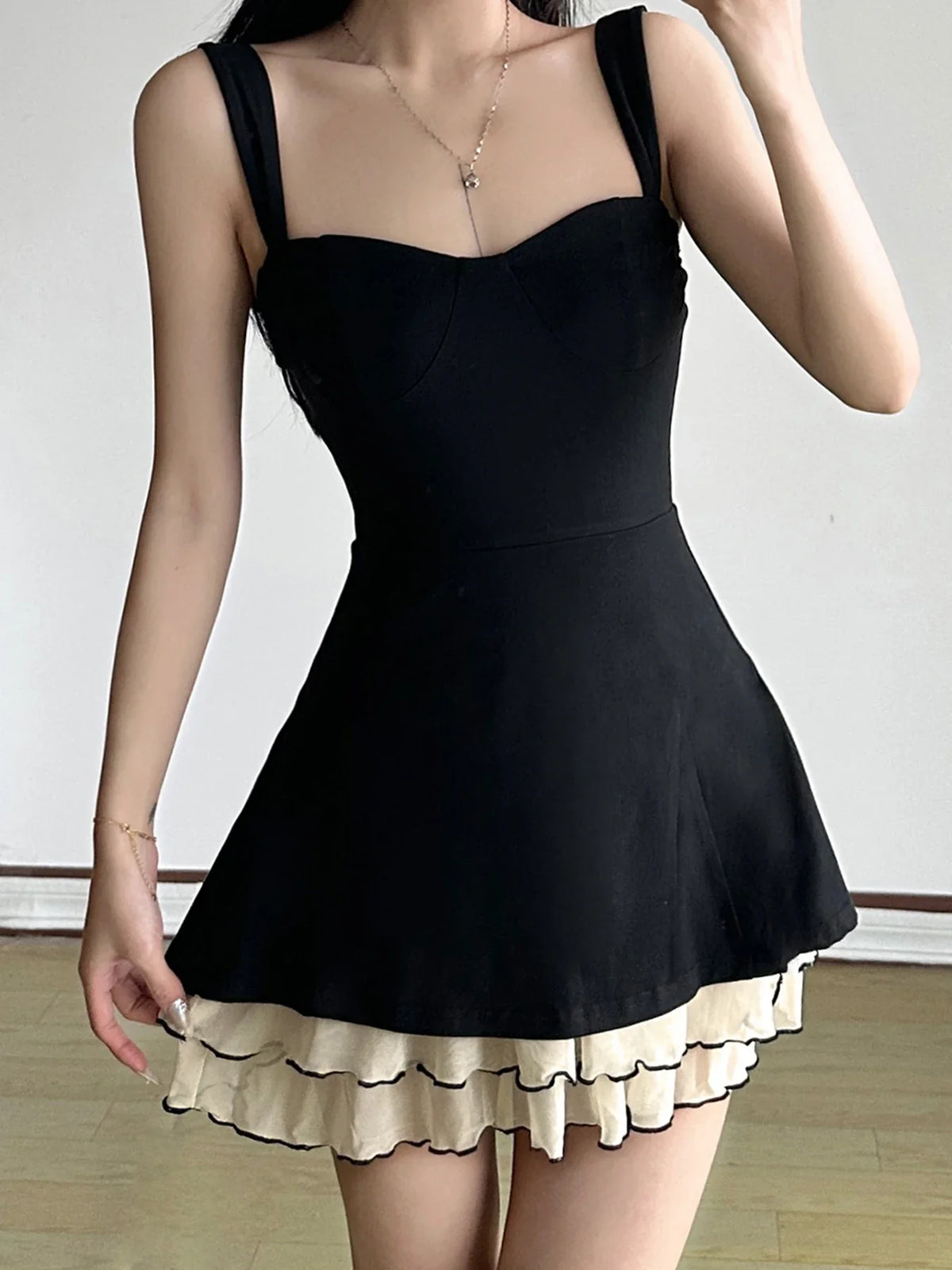 Elegant Fairycore Grunge Dress Women Hotsweet Pastel Goth Aesthetic Spaghetti Strap High Waist Patchwork A-line Dress
