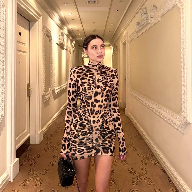 Women Wild Sexy Backless Leopard Print Ruched Bodycon Mini Dress Turtleneck Full Sleeve Slim Night Clubwear Party Dresses
