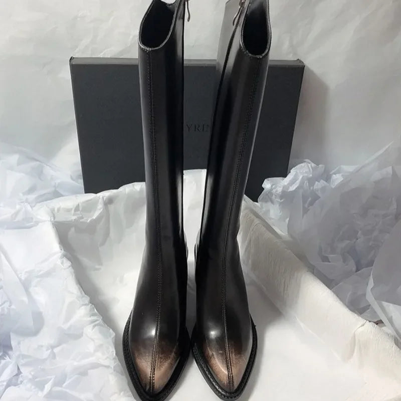 Women's Long Boots Elegant High Heels Black Heeled Ladies Knee Shaft Shoes Fashion Waterproof New In Pu Quality Boot Chic