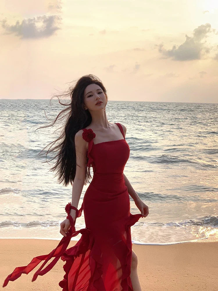 Fashionable Suspender Sexy Floral Red Dress Summer Print Elegant V-neck Pullover Tie Tight Women's Backless Long Dress Z639
