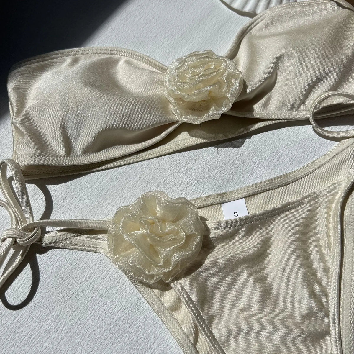 Summer Women Bikinis Strapless Brazilian Thong Biquini 3D Flower Solid Women Two Pieces Bathing Suit Swimsuit Beachwear