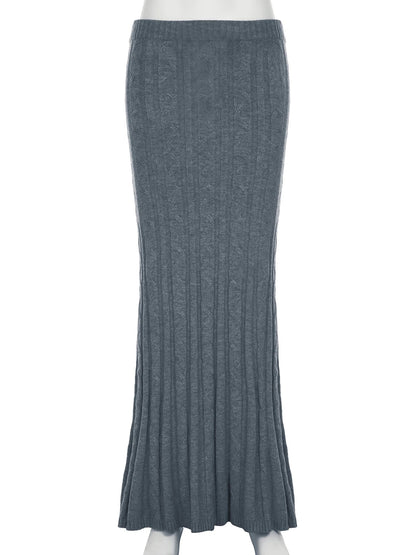 Casual Slim Twists Knitted Trumpet Skirt Basic Solid Mid-Waisted Maxi Skirts Women Autumn Winter Elegant Fashion